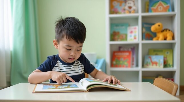 Young Asian boy reading picture book at white table and pointing at page in green room with bookshelf for early education concept