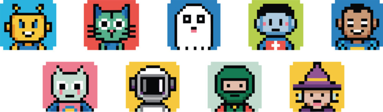 Colorful 8-bit retro pixel art character avatar collection set, including unique profiles like robot, alien, ghost, cat, witch, and astronaut for digital identity, non-fungible token (NFT), website, m