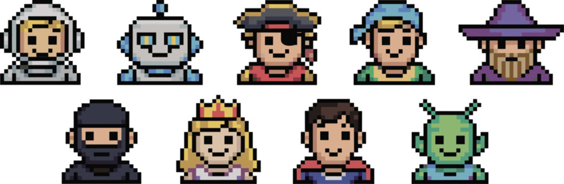A diverse collection of detailed pixel art avatars featuring fantasy and sci-fi gaming characters like a futuristic astronaut, friendly robot, swashbuckling pirate, mythical wizard, stealthy ninja, ro