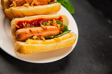 Hotdog fried onions, sausage, bun, sauce fast food tasty snack fresh delicious gourmet food background on the table rustic top view copy space