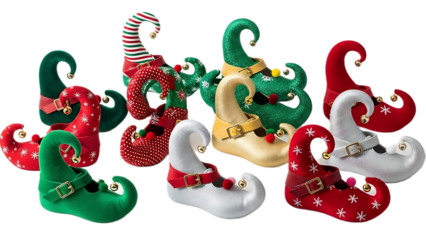 A collection of colorful and whimsical elf shoes with curled toes and small bells on a dark background