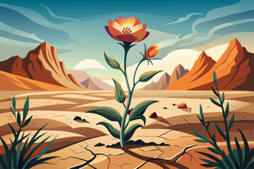 vector of A wild flower, which is a discouraging flower in the middle of a desert landscape, is a symbol of hope and perseverance.