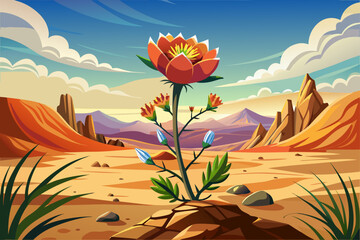 vector of A wild flower, which is a discouraging flower in the middle of a desert landscape, is a symbol of hope and perseverance.