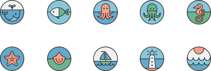 A colorful minimalist ocean life icon set detailing aquatic creatures like the whale, fish, octopus, and seahorse, alongside nautical symbols such as a lighthouse, sailboat, and starfish, perfect for