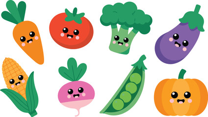 Obraz premium A vibrant collection of cute kawaii cartoon happy smiling vegetables, including broccoli, corn, carrot, tomato, pumpkin, eggplant, peas, and radish, illustrated in simple flat vector style for childre