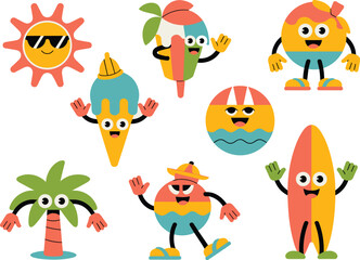 Fototapeta premium Vibrant, groovy, retro summer characters vector illustration of happy anthropomorphic sun, palm tree, melting ice cream, joyful surfboard, and tropical beach icons enjoying vacation and holiday leisur
