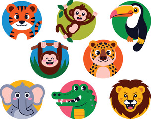 Naklejka premium Collection of cute cartoon safari and jungle animal avatar icons, featuring detailed flat design illustrations of a playful lion, tiger, monkey, elephant, leopard, toucan, and crocodile head portraits