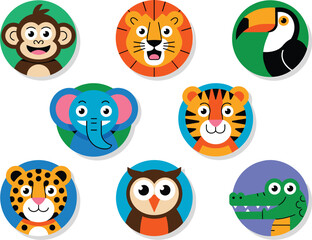Naklejka premium Vibrant cute adorable tropical zoo jungle safari wildlife animals faces avatars collection, featuring tiger, elephant, lion, monkey, leopard, and toucan icons, rendered in a cheerful playful modern fl