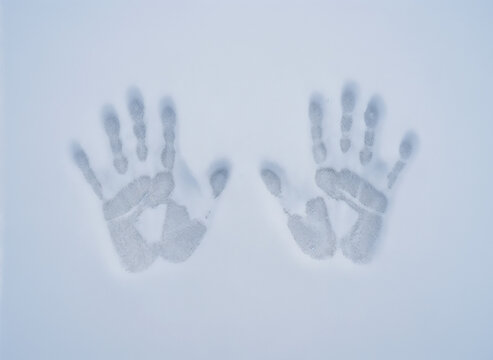 handprints in snow. Handprints imprinted in fresh snow on a winter morning  