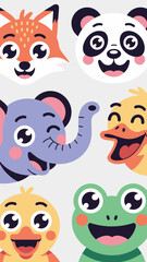 A cute collection of smiling happy baby animal faces featuring a cheerful fox, friendly panda, purple elephant, yellow duckling, and green frog, a joyful flat vector cartoon illustration set for child