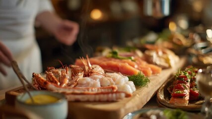 Medium shot of a chef selecting and placing fresh seafood elements on a bespoke platter tailored for an intimate dinner gathering.