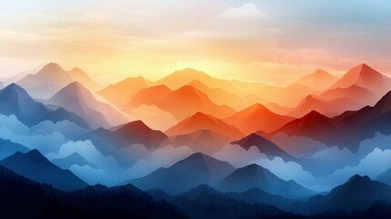An abstract illustration of a mountain range at sunset, with warm orange and red hues contrasting with cool blue tones.
