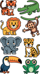 Naklejka premium Adorable cartoon African safari and exotic jungle animal character vector collection including the elephant, leopard, roaring lion, smiling tiger, toucan, playful monkey, happy frog, and crocodile, is