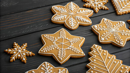Closeup of golden baked gingerbreads for 2026 happy New year greetings on dark wood. Beautiful ornate sweet Christmas cookies on black and white natural wooden background. Aromatic Czech Xmas pastry.