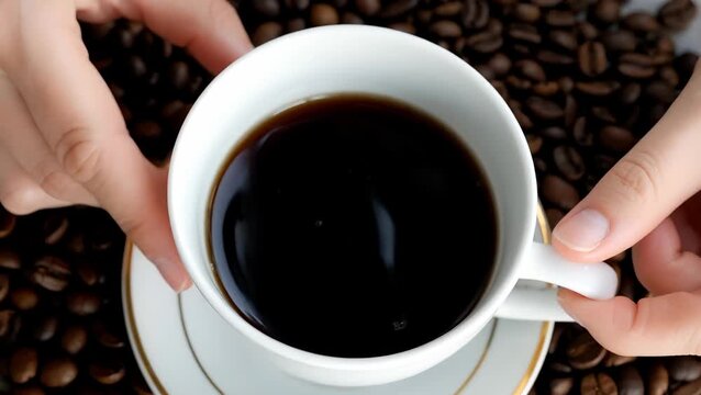 Fresh Brewed Coffee in a White Cup Surrounded by Coffee Beans