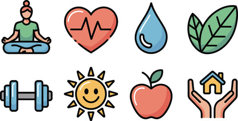 A comprehensive collection of vibrant, modern health and wellness icons featuring symbols for physical fitness, mental care, balanced nutrition, hydration, exercise, self-care, and safety, ideal for h