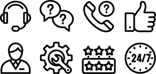 Comprehensive customer service and technical support vector icons set including headset, FAQ, phone contact, thumbs up feedback, business agent, repair tools, quality rating stars, and 24/7 availabili