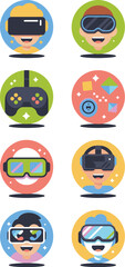 A vibrant collection of modern flat design icons illustrating virtual reality, augmented reality, and immersive gaming experiences, featuring happy youthful avatars wearing futuristic VR headsets, AR