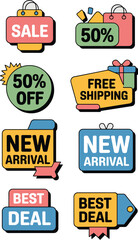 A vibrant modern e-commerce promotion sticker collection featuring retail sale badges, discount offer labels like fifty percent off, new arrival tags, free shipping icons, and best deal banner graphic