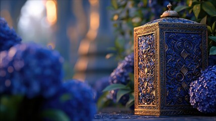 An ornate blue and gold lantern sits amidst vibrant blue hydrangeas in a garden setting, illuminated by soft evening light.