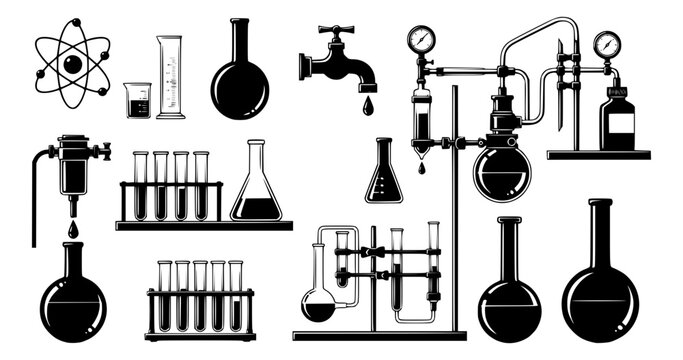 Design for science education websites, stem promotional materials, or lab safety posters: Black vector silhouette set of chemistry laboratory equipment, glassware, atom icon. Transparent SVG version.