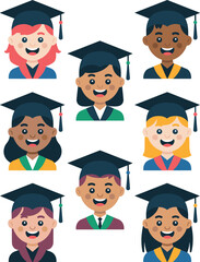 Diverse smiling graduate students celebrating academic success and achievement, wearing colorful graduation robes and caps, vibrant flat vector character illustration set for university website presen