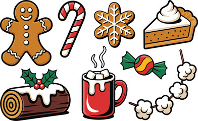 Traditional Christmas holiday sweet treats and cozy winter desserts vector illustration collection featuring gingerbread man, candy cane, hot cocoa mug, festive Yule log cake, and baked pie slice for