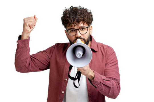 Activist man shouting into a megaphone raising his fist for advocacy and protest