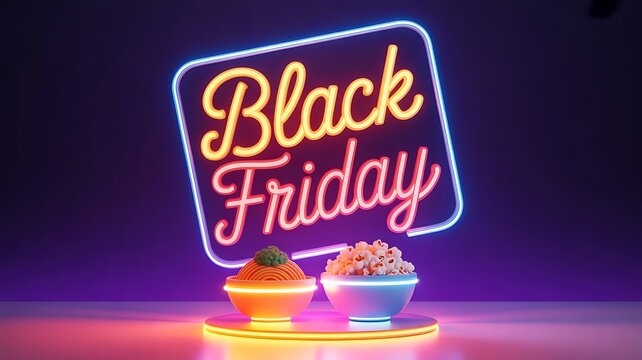 Black friday neon sign with snacks below