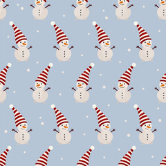 Seamless Snowman Pattern - Cute Winter Christmas Background. Playful winter illustration suitable for wrapping paper, fabric prints, kids products, packaging, festive decor, stationery