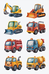 Adorable cheerful construction machinery and transport equipment vector set featuring various utility vehicles, heavy-duty trucks, cement mixers, yellow excavator, and red fire engines, perfect for ch