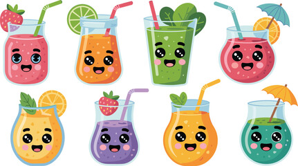 A variety of cute, vibrant, kawaii cartoon fruit smoothies and healthy vegetable juices collection displayed as fun, refreshing beverage illustrations, perfect for kids' nutrition, food blog, diet, or