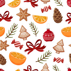 Seamless festive pattern with gingerbread cookies, red bows, pine sprigs, oranges, candy and Christmas baubles