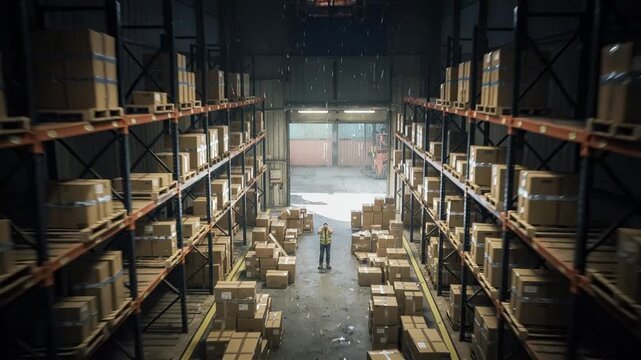 Warehouse worker feeling stressed amidst disorganized inventory and packages. Supply chain disruption and logistics challenges at a distribution center