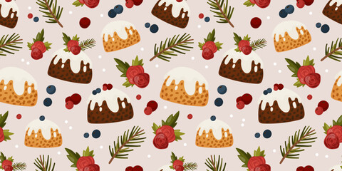Seamless Christmas Pattern with Holiday Cakes, Berries and Pine Branches