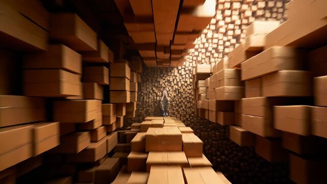 Distressed man surrounded by cardboard packages covers his face. Feeling trapped by consumerism and online orders. Rapid backward camera movement through an abstract tunnel of boxes.