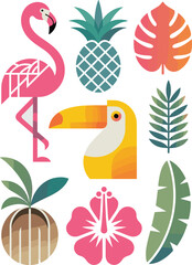 Naklejka premium Tropical summer icon set featuring vibrant flat design illustrations of exotic fauna and flora including a pink flamingo, yellow toucan bird, spiky pineapple, large monstera, and hibiscus flower graph