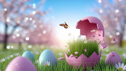 Cracked pink Easter egg filled with green grass and daisies, surrounded by colorful eggs on a lush meadow. A butterfly hovers above, with blooming trees in the background. - Powered by Adobe