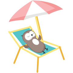 Owl rest on beach vector. Vacation relax icon. Beak bird lying on deck chair under umbrella enjoy summer travel fun season holiday at seaside illustration isolated on white background