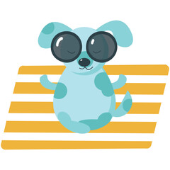 Dog rest on beach vector. Vacation relax icon. Animal meditating sitting in lotus pose on plaid enjoy summer travel fun season holiday at seaside illustration isolated on white background