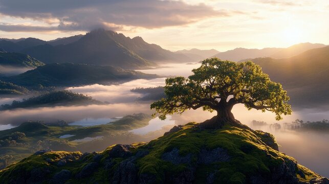 A large tree sits atop a hill, overlooking a misty valley and mountains at sunrise. The scene is bathed in golden light. - Powered by Adobe