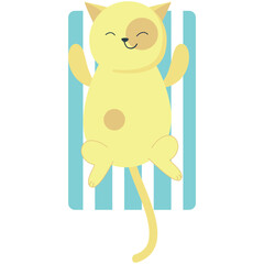 Cat rest on beach vector. Vacation relax icon. Cute pet animal sunbathing lying on plaid enjoy summer travel sun and season holiday at seaside illustration isolated on white background