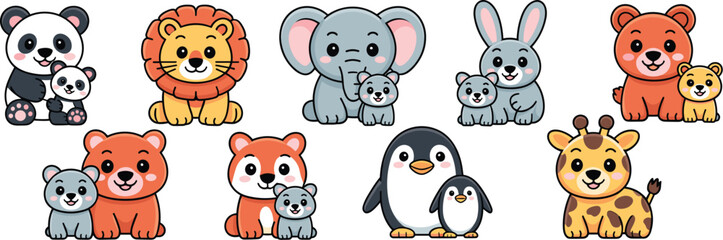 Cute vector illustration collection featuring sweet mother and baby pairings of wildlife creatures like the panda, lion, elephant, rabbit, bear, giraffe, and penguin, perfect for family lifestyle mark