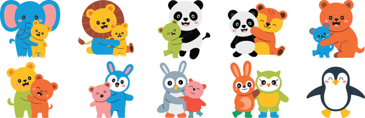 Collection of cute cartoon animals, including elephant, majestic lion, panda bear, brown bear, lively rabbits, and owl, happily hugging and embracing smaller baby animals, illustrating concepts of fam