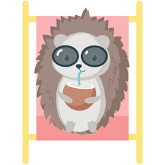 Hedgehog rest on beach vector. Cute forest prickly animal drinking coconut cocktail sunbathing on deckchair enjoy summer relax on tropical seaside illustration isolated on white background