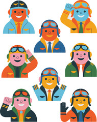 A collection of diverse, smiling pilots and aviator professionals greeting and saluting, wearing different colorful uniforms, helmets, and flight goggles, presented as a modern flat design graphic res