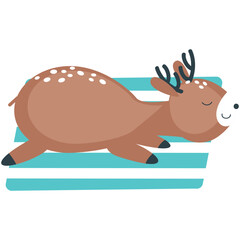 Deer on beach vector. Cute reindeer enjoy summer icon. Funny lazy sleepy animal sunbathing on plaid blanket. Holiday on weekend, season rest, happy character illustration isolated on white background