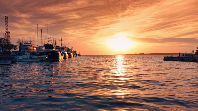 Stunning setting sun colors the waterscape of the Black Sea. Lots of fishers' boats stand at the berth. Nessebar, Bulgaria.