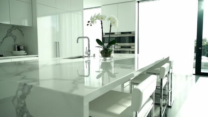 Modern kitchen with marble accents and bright, airy atmosphere