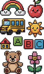 High-quality colorful retro 8-bit pixel art vector illustration collection featuring cute simple graphic design elements centered on early childhood education and kindergarten learning themes. Icons i